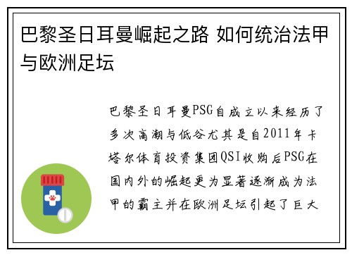 巴黎圣日耳曼崛起之路 如何统治法甲与欧洲足坛