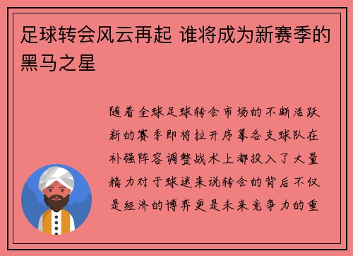 足球转会风云再起 谁将成为新赛季的黑马之星